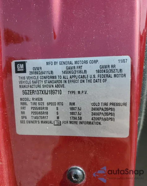 2008 Saturn Outlook Xe from USA, damaged, VIN 5GZER137X8J189710